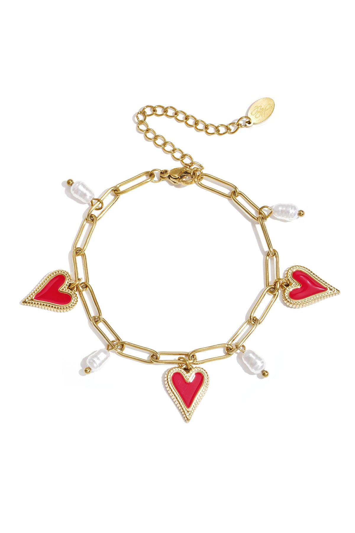 Schakel armband met parels en hart charms